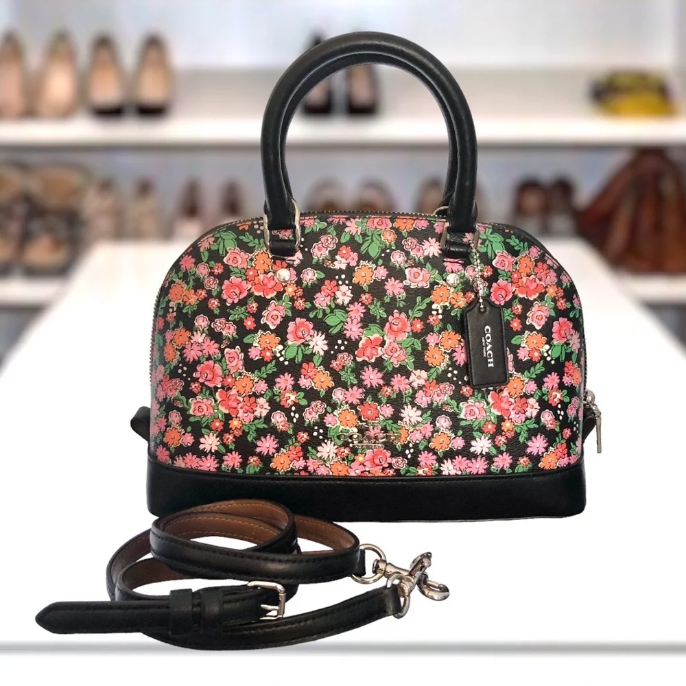 COACH Sierra Posey Cluster Floral Coated Canvas Satchel Bag Black/Pink  Wallet - Picture 3 of 12